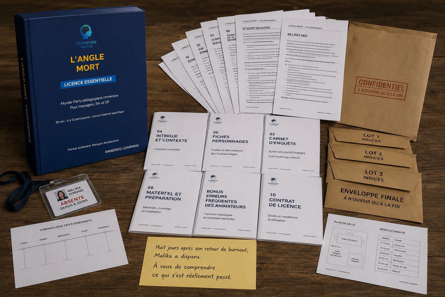 Composition complète du kit L'Angle Mort — boîte, fiches personnages, enveloppes indices, carnet d'enquête